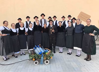 Hagyományos népviseletbe öltözött emberek csoportja pózol a szabadban, előttük egy kis, feldíszített kocsival.